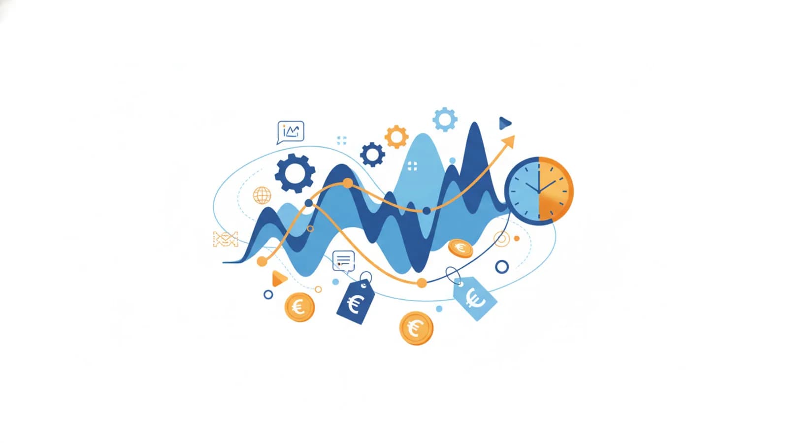Grafico prezzi stilizzato con frecce su e giù e ingranaggi algoritmici