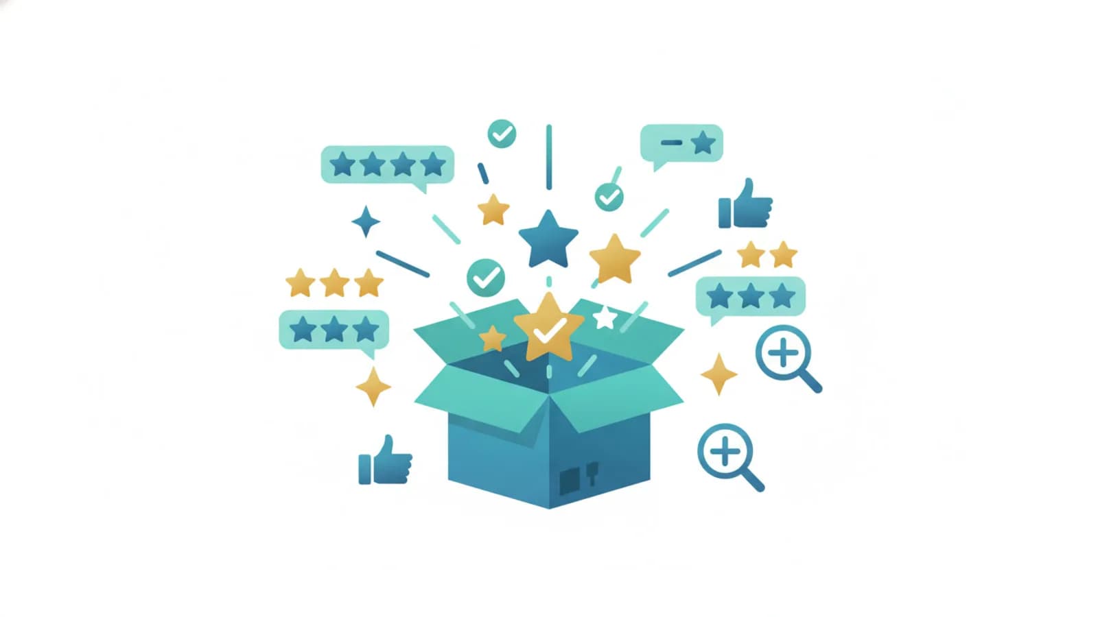 Pacco Amazon aperto con stelle e segni di spunta che rappresentano il programma Vine per recensioni verificate