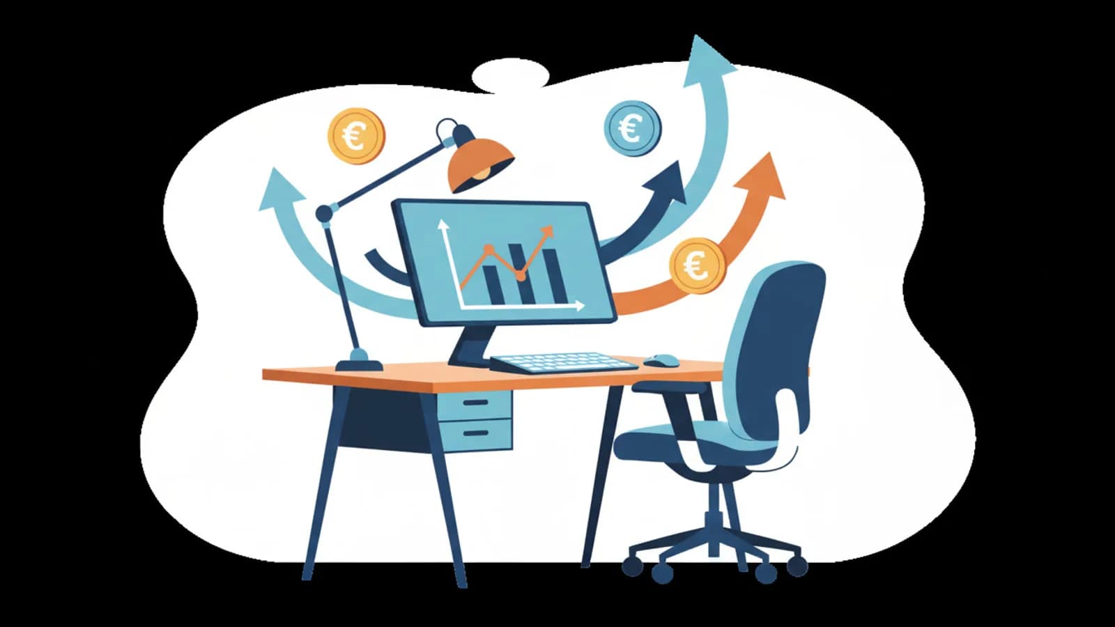 Postazione home office stilizzata con scrivania, monitor e sedia ergonomica in budget