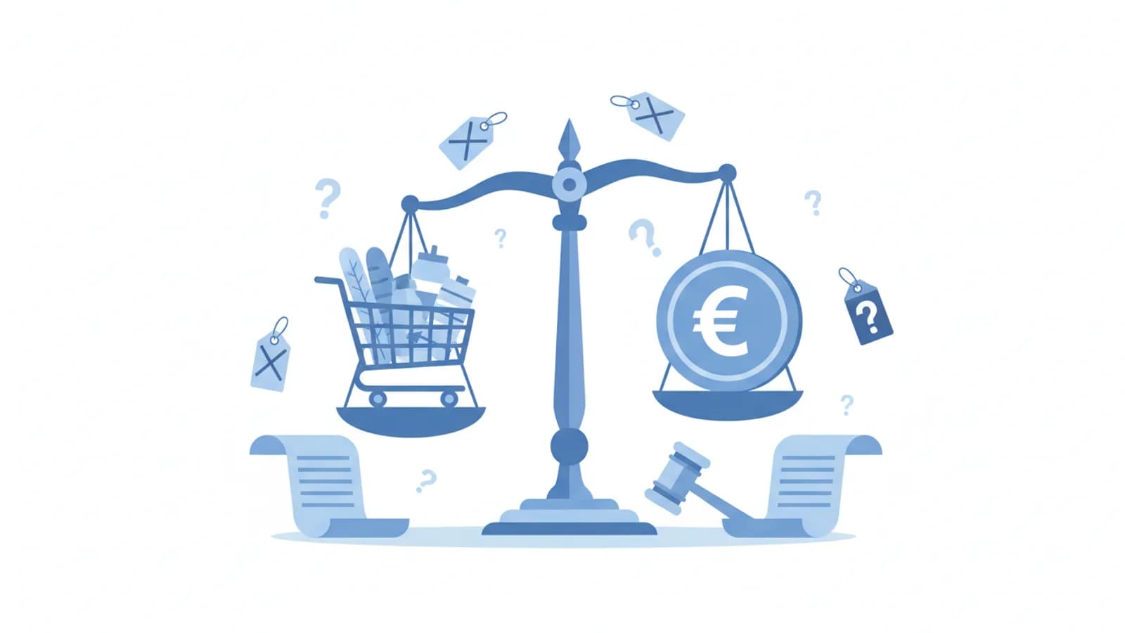 Bilancia della giustizia con carrello della spesa e simbolo euro su sfondo mediterraneo