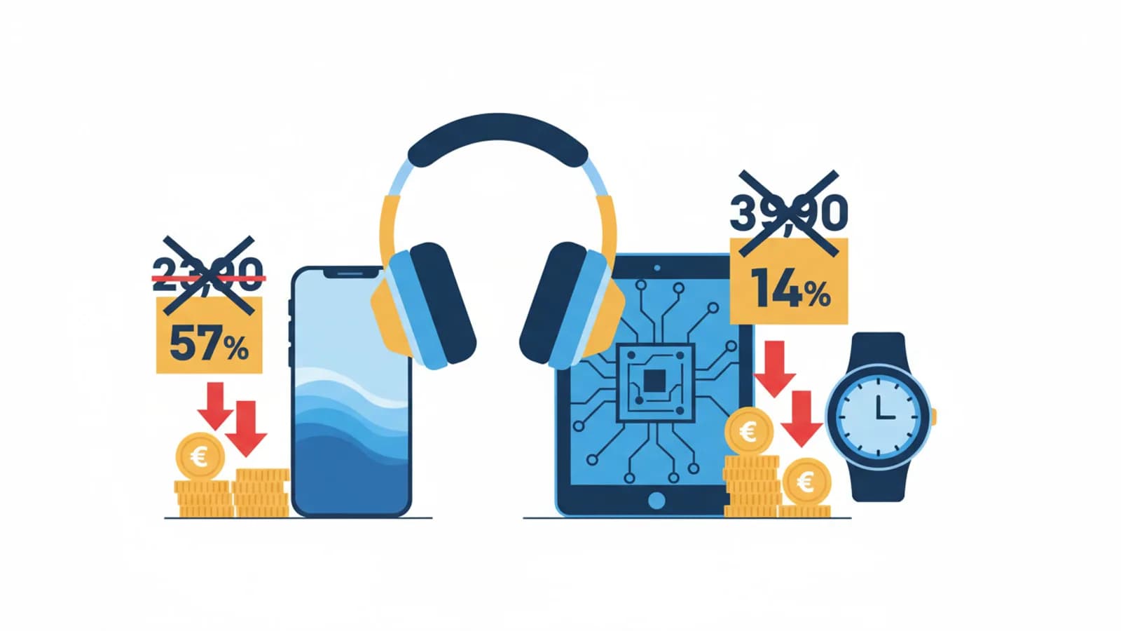 Prodotti elettronici stilizzati con cartellini prezzo sbarrati e frecce di sconto