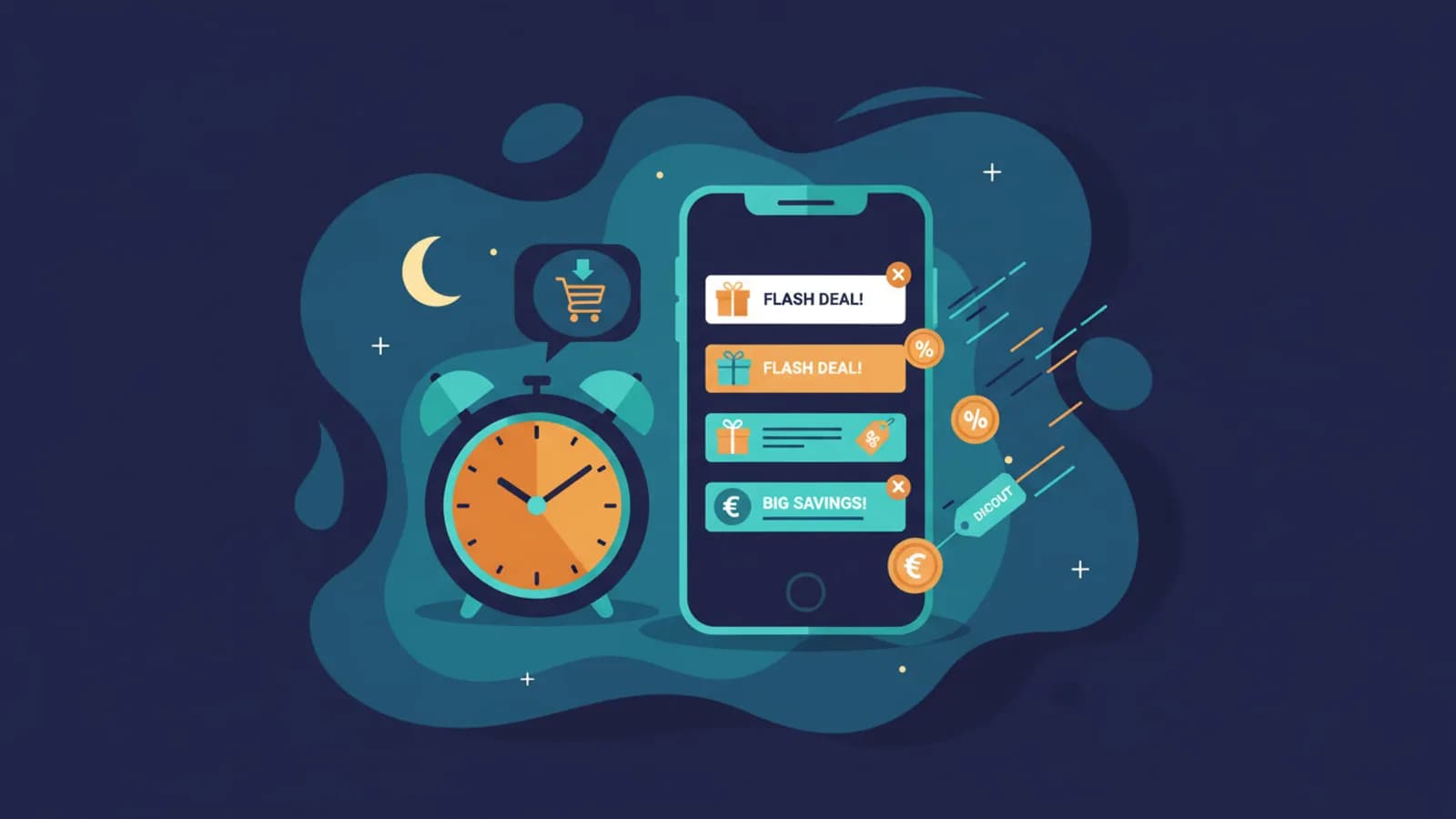 Sveglia e smartphone con notifiche di offerte in un cielo notturno stilizzato