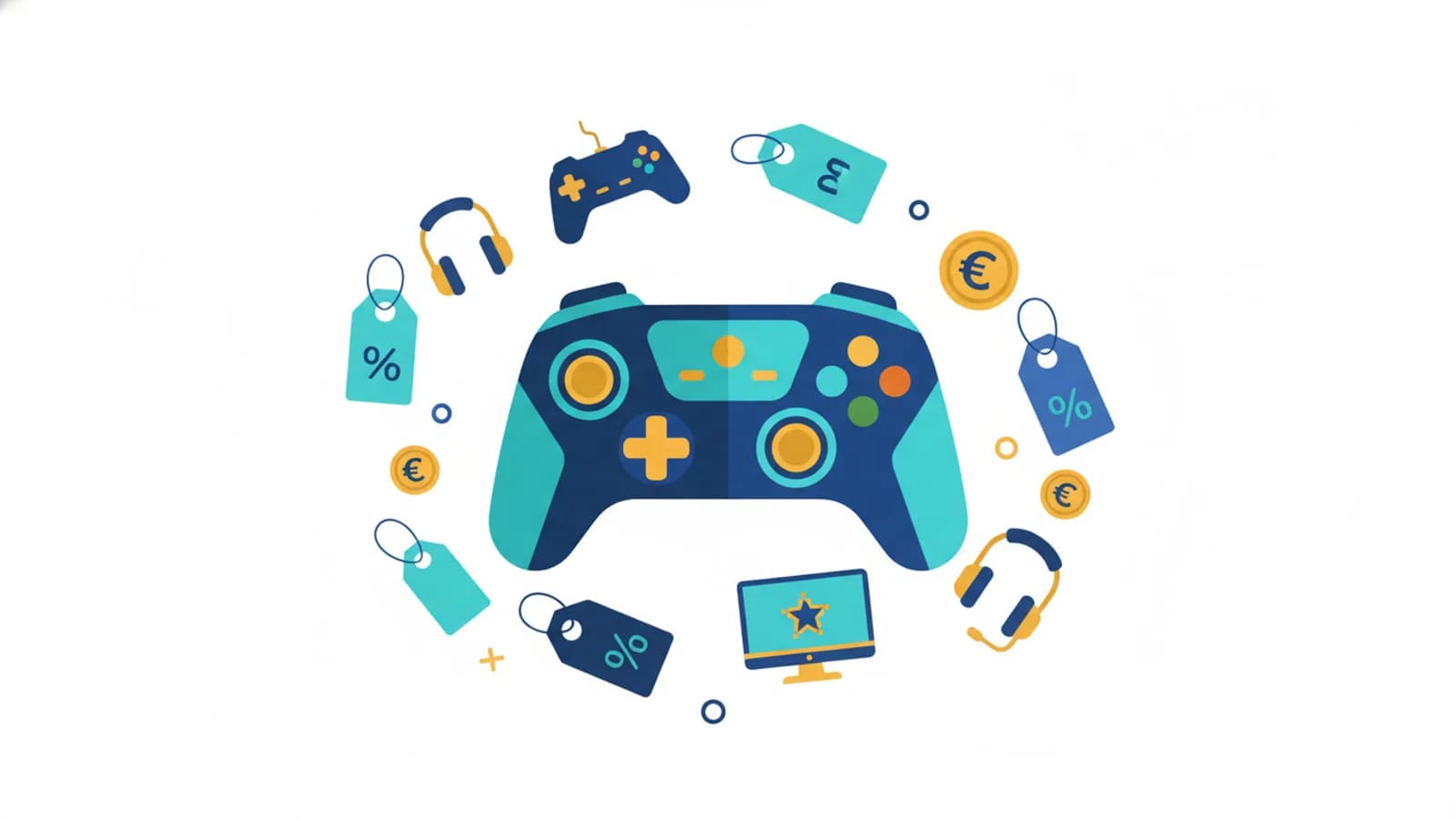 Controller da gaming stilizzato con monete e icone di sconto per rappresentare il risparmio sui videogiochi