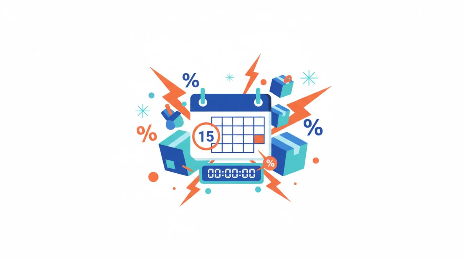 Calendario con data cerchiata circondato da scatole Amazon, simboli di sconto e timer per il conto alla rovescia