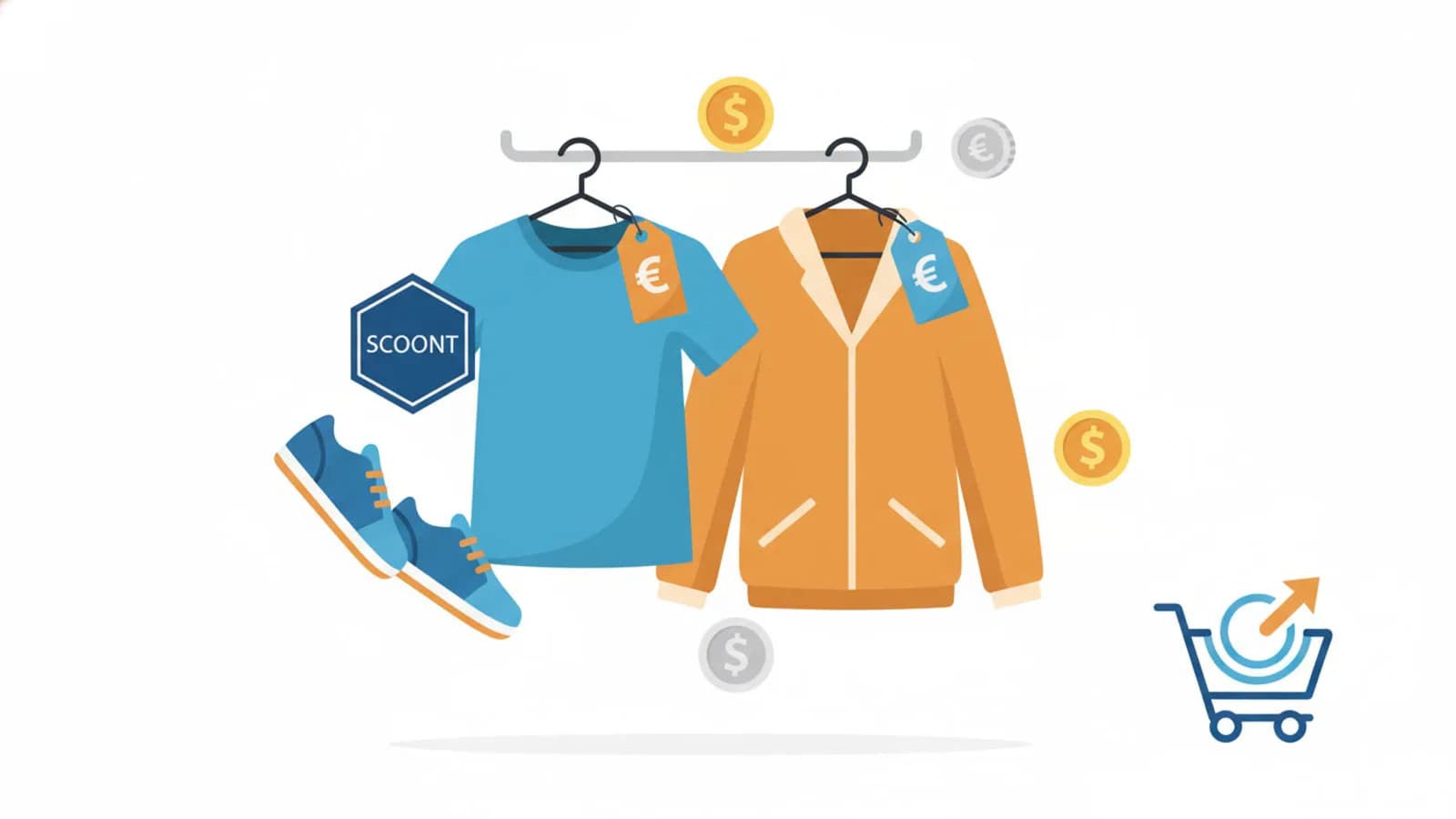 Abbigliamento stilizzato con cartellini sconto e monete per rappresentare il risparmio sulla moda