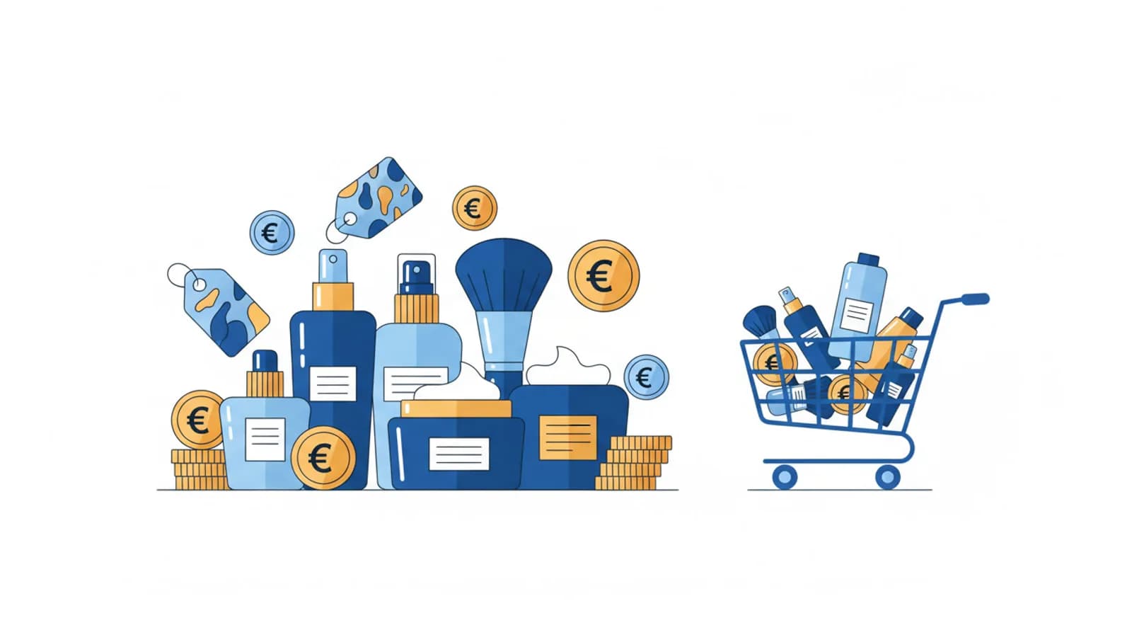 Prodotti beauty stilizzati con monete e icone di sconto per il risparmio su cosmetici