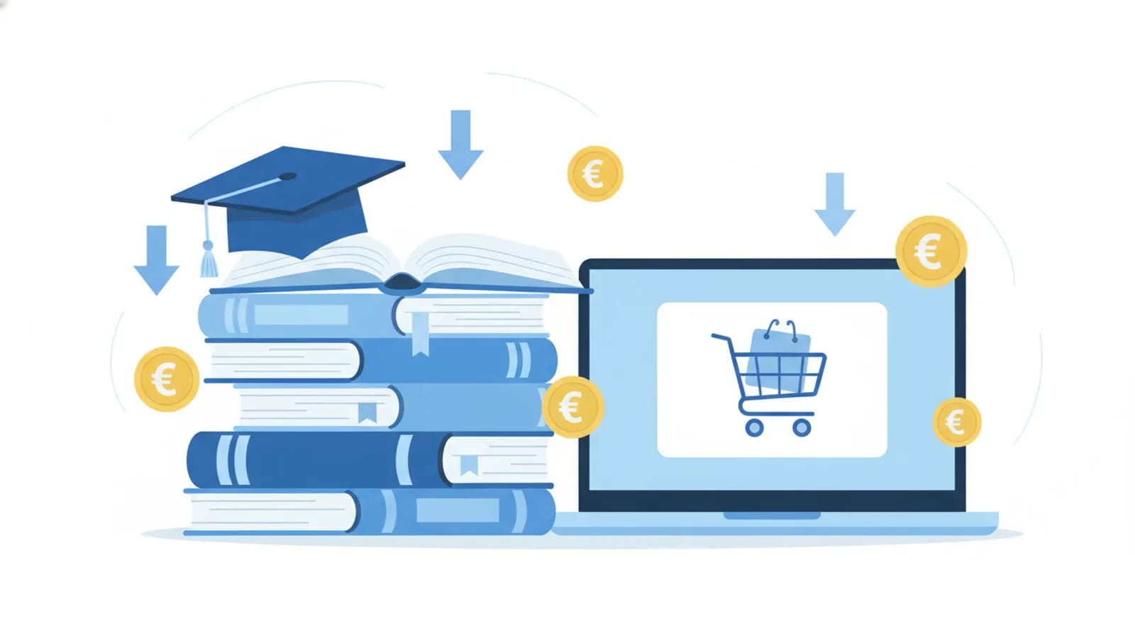 Pila di libri scolastici e universitari con cartellini di sconto e monete euro che indicano risparmio