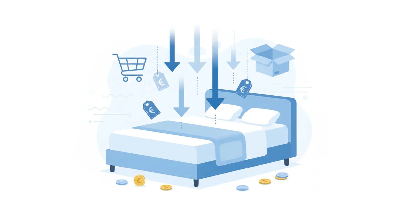 Camera da letto stilizzata con materasso, cartellini di sconto e frecce di prezzo in calo