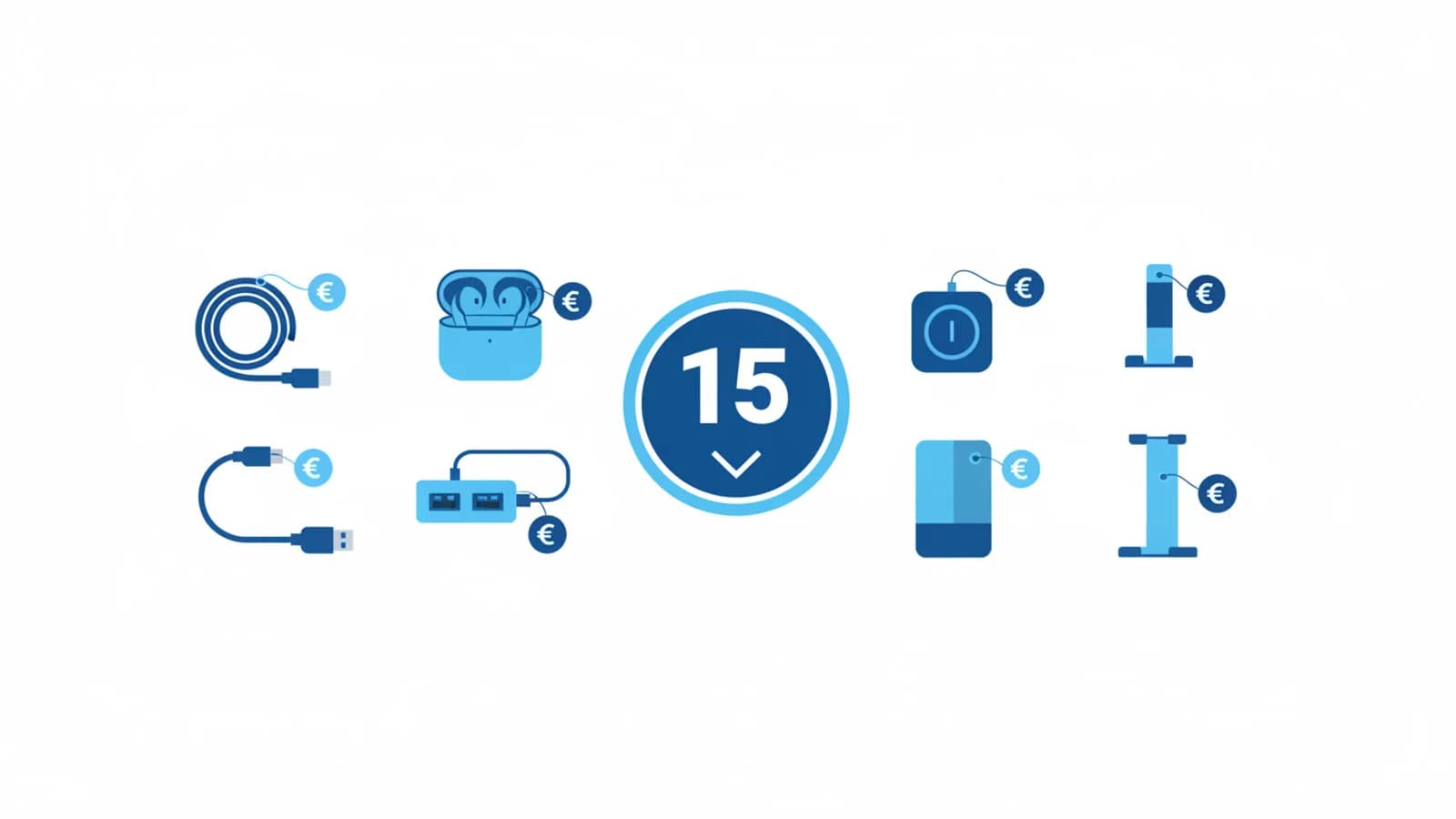 Venti gadget tech economici sotto 15 euro organizzati per categoria su sfondo colorato