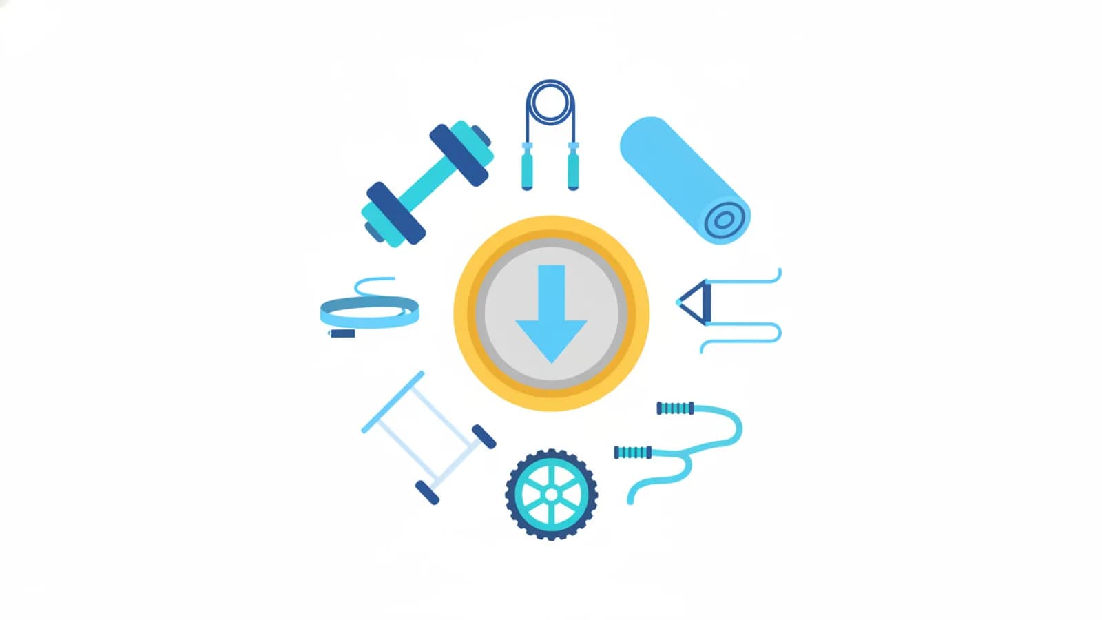 Attrezzi fitness stilizzati con manubri, tappetino, elastici e corda per saltare per palestra in casa sotto 100 euro