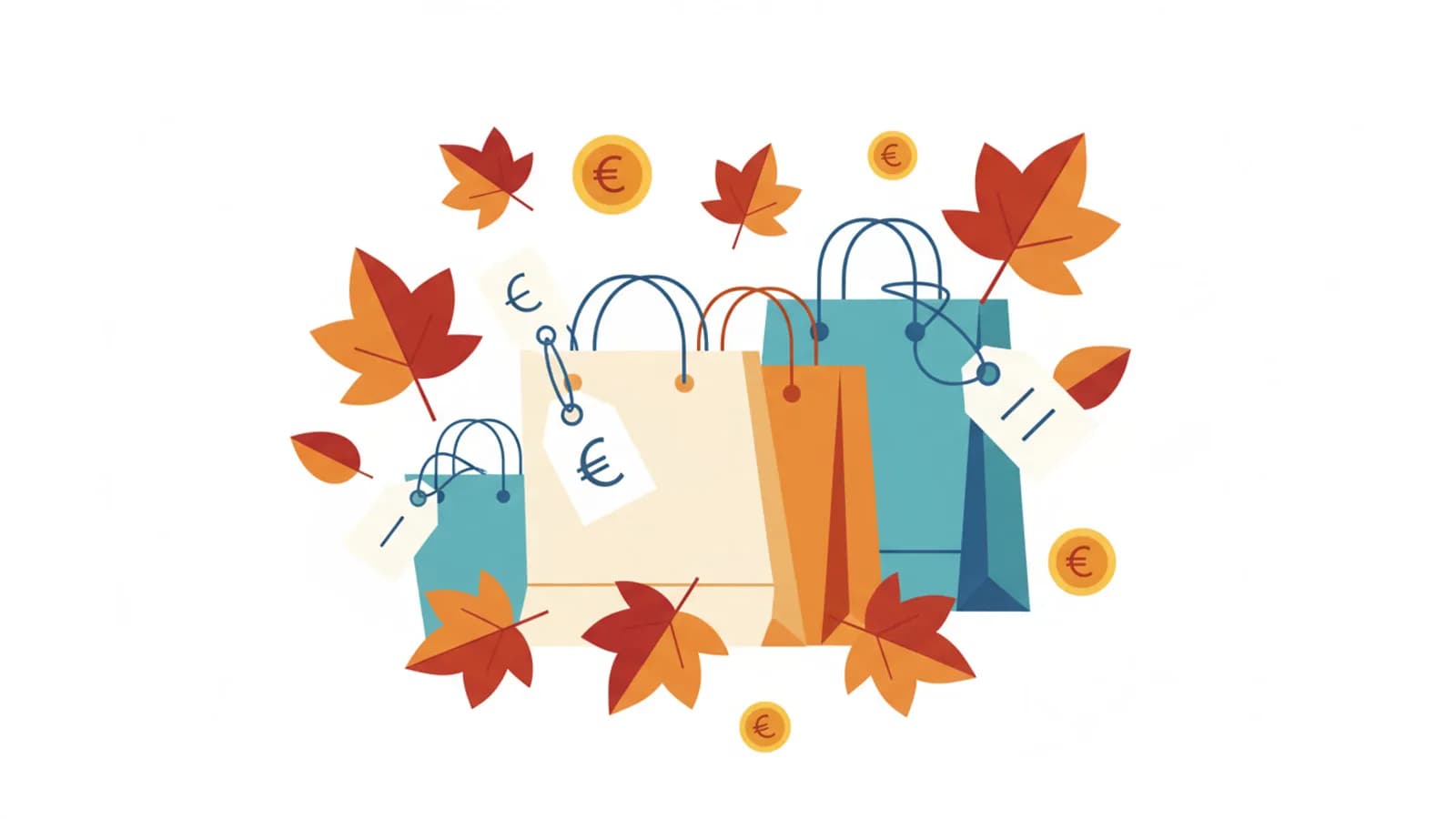 Foglie autunnali stilizzate con borse della spesa e cartellini sconto per offerte autunno