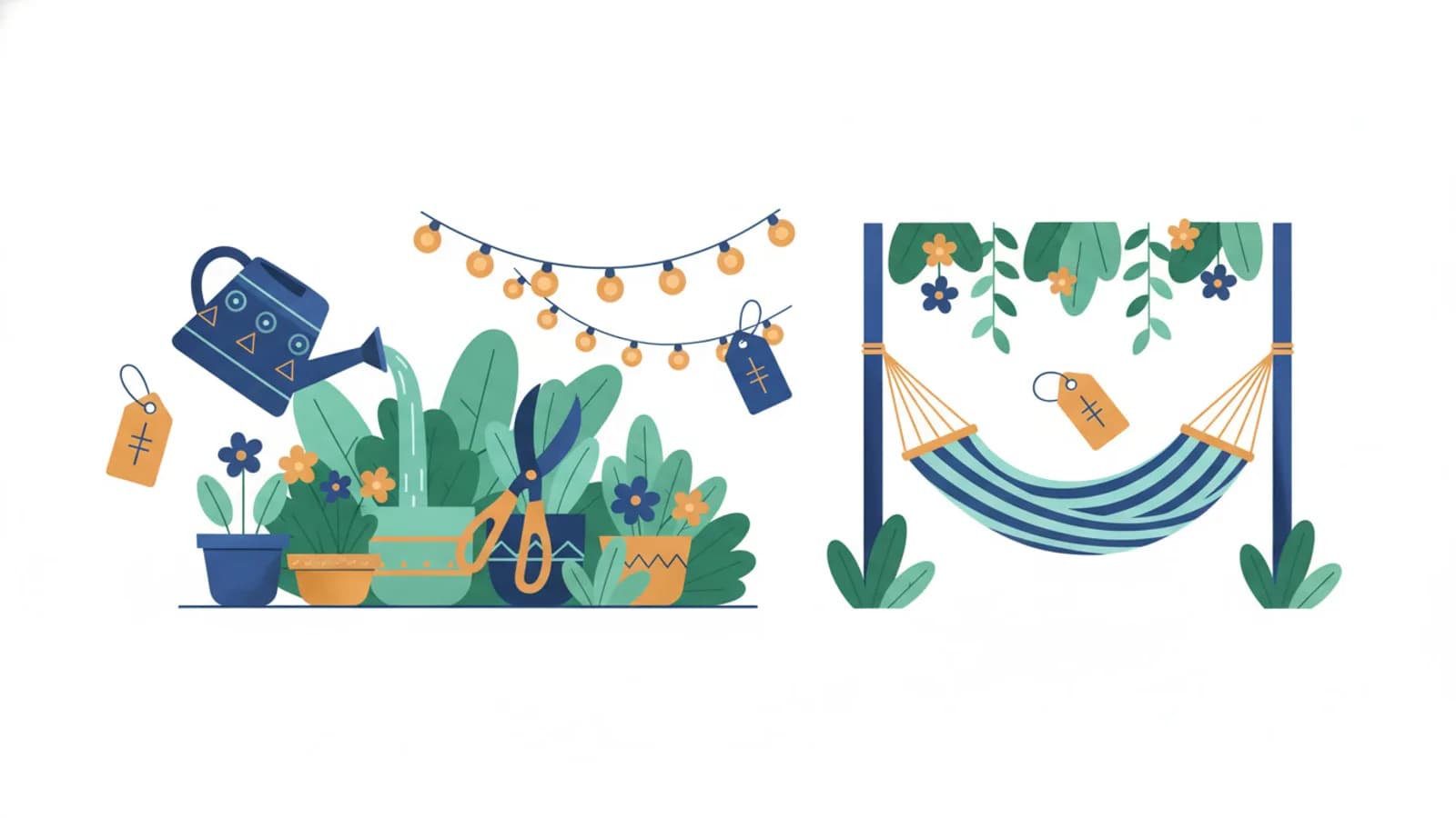 Attrezzi da giardino stilizzati con piante e cartellini sconto per offerte outdoor