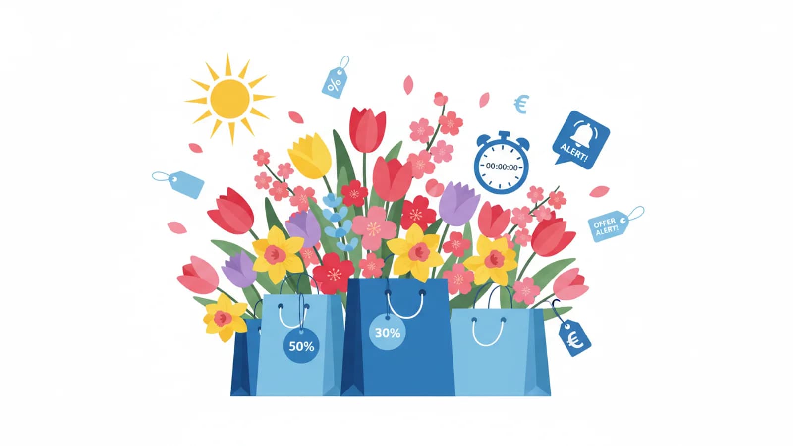 Fiori primaverili con borse della spesa e cartellini sconto