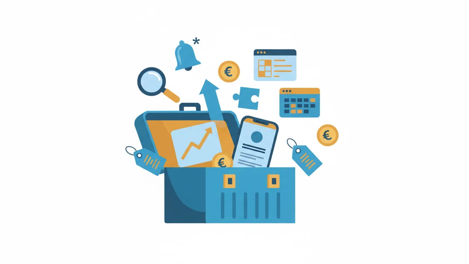 Cassetta degli attrezzi stilizzata con strumenti digitali per caccia alle offerte