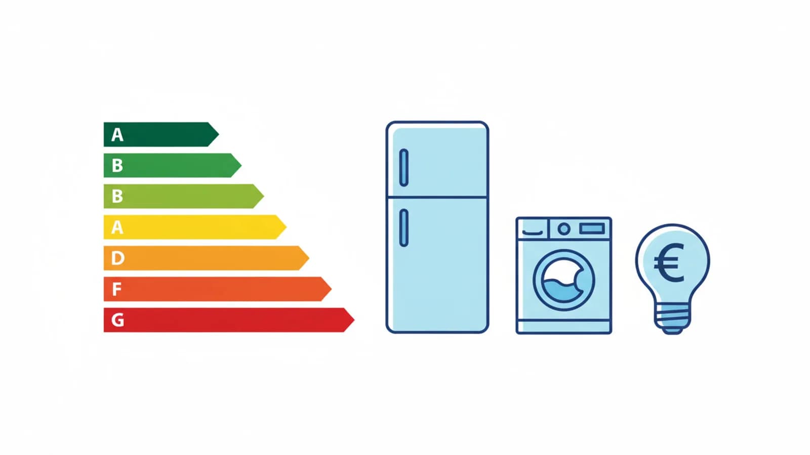 Etichetta energetica EU con classi da A a G affiancata da elettrodomestici