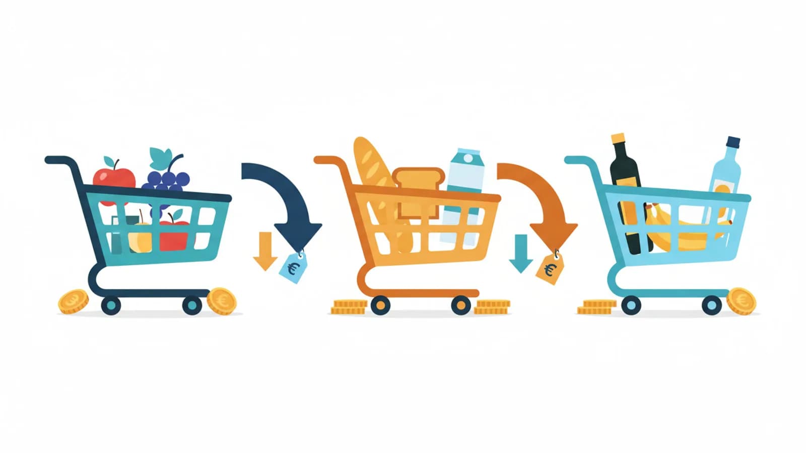 Carrelli della spesa stilizzati con loghi generici di supermercato e confronto prezzi