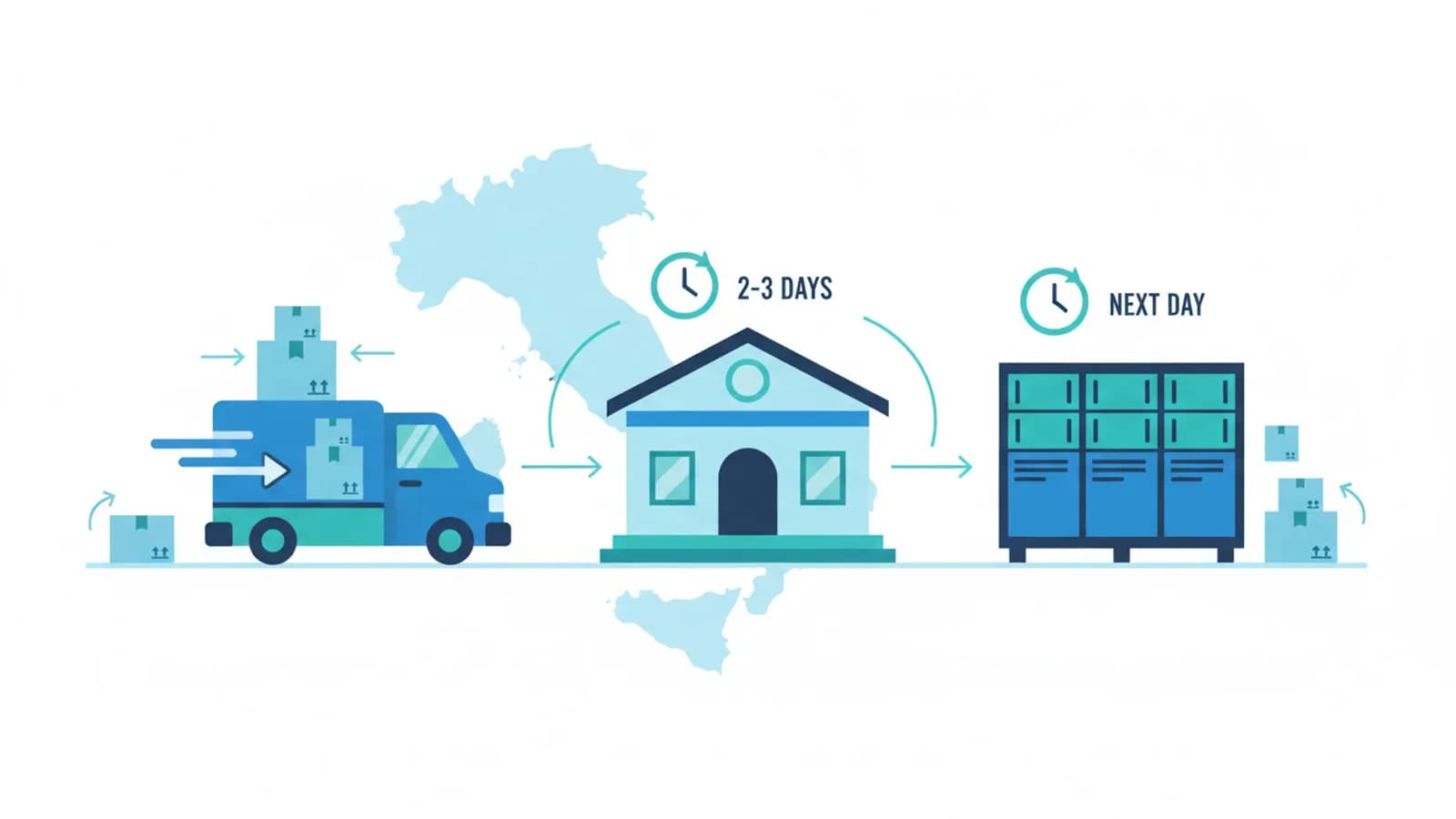 Furgone di consegna, ufficio postale e locker affiancati con pacchi e mappa dell'Italia sullo sfondo