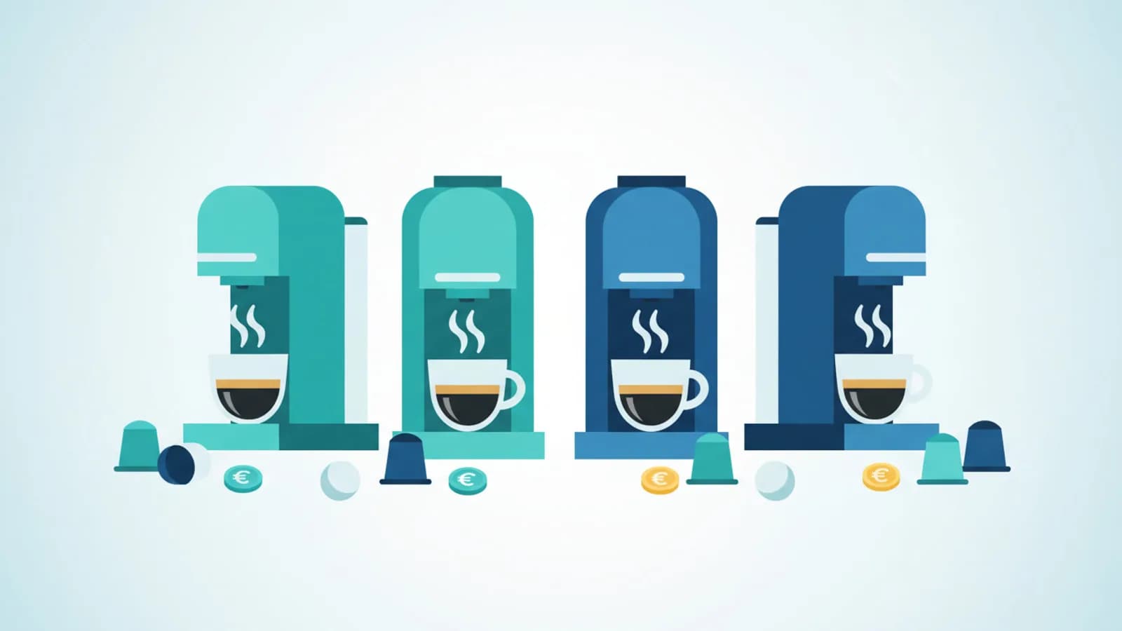 Macchine da caffè a capsule stilizzate con tazzine espresso e monete euro per confronto