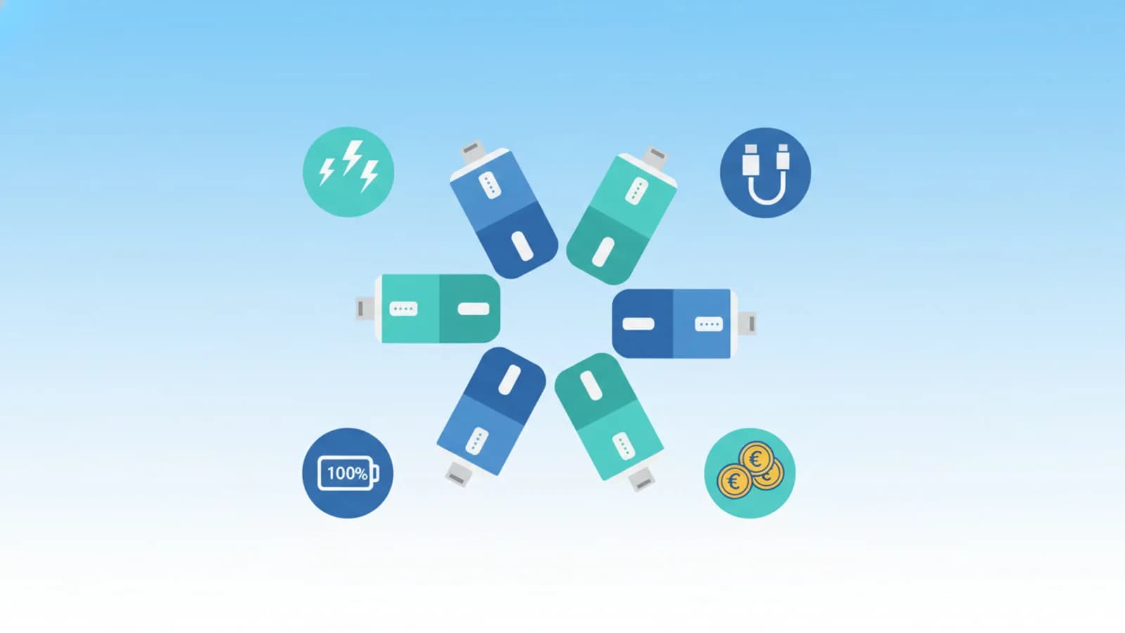 Power bank stilizzati con icone di batteria, fulmine e cavo USB-C per confronto acquisto