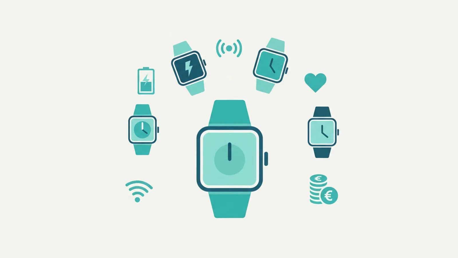 Smartwatch stilizzati con icone salute, GPS e batteria per confronto acquisto