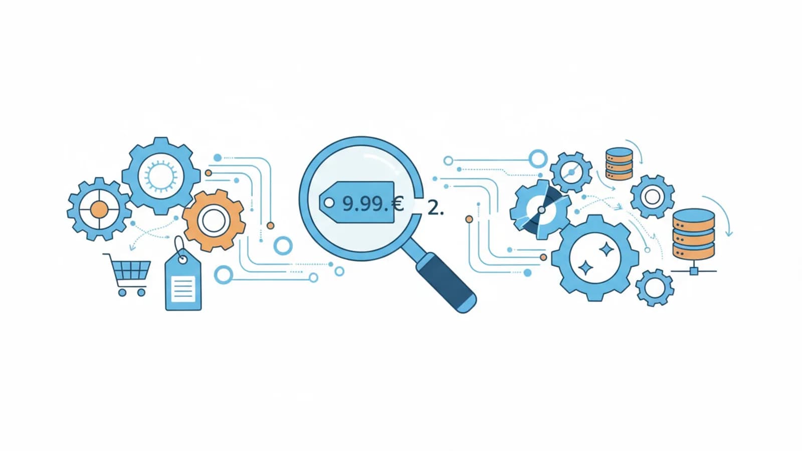 Illustrazione tecnica che mostra ingranaggi, etichette prezzo e un errore decimale sotto una lente