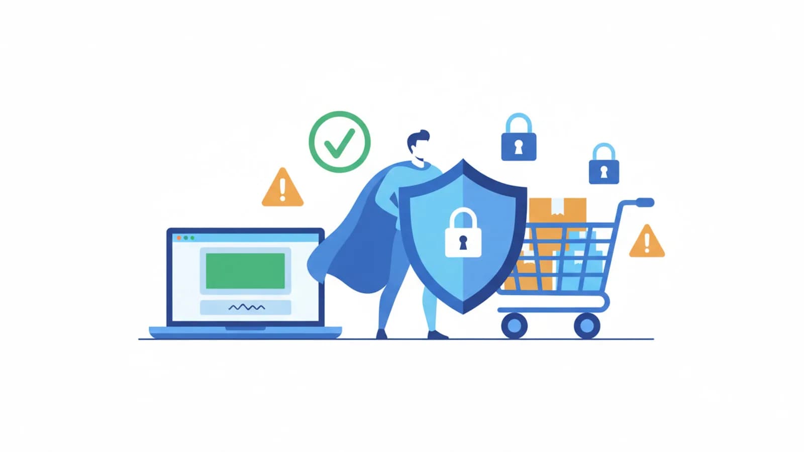 Scudo protettivo davanti a un carrello della spesa online con icone di sicurezza