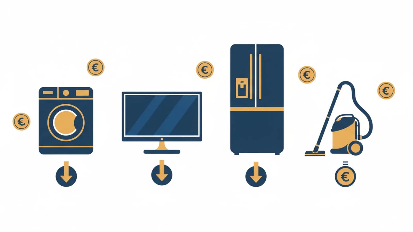 Elettrodomestici stilizzati con etichette prezzo in calo e monete euro