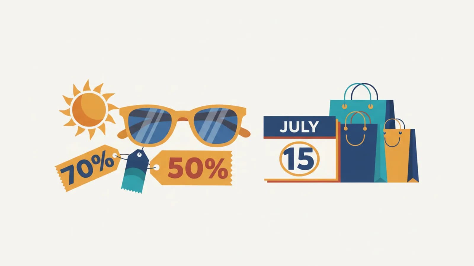 Illustrazione saldi estivi con cartellini prezzo scontati e calendario luglio