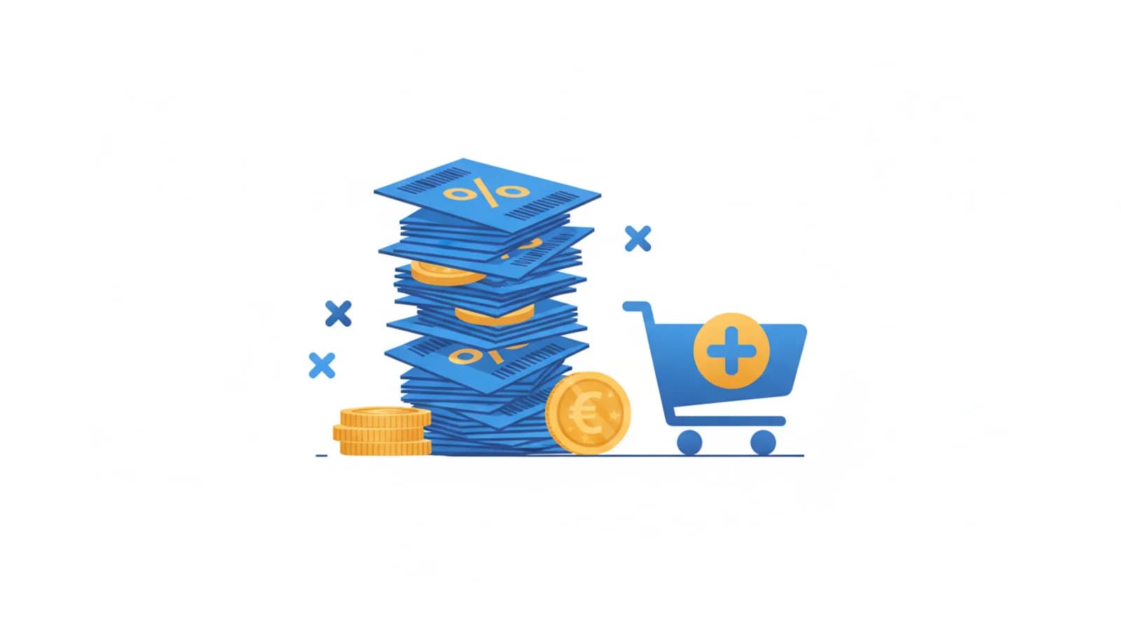 Coupon e codici sconto stilizzati impilati con monete euro per stacking risparmio