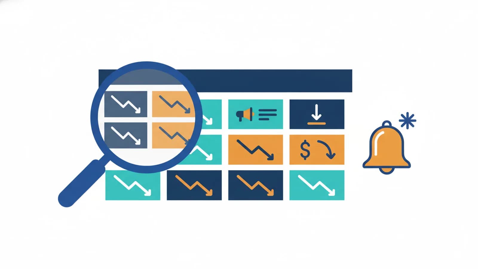 Foglio di calcolo stilizzato con grafici prezzi e icone di allerta per monitoraggio offerte