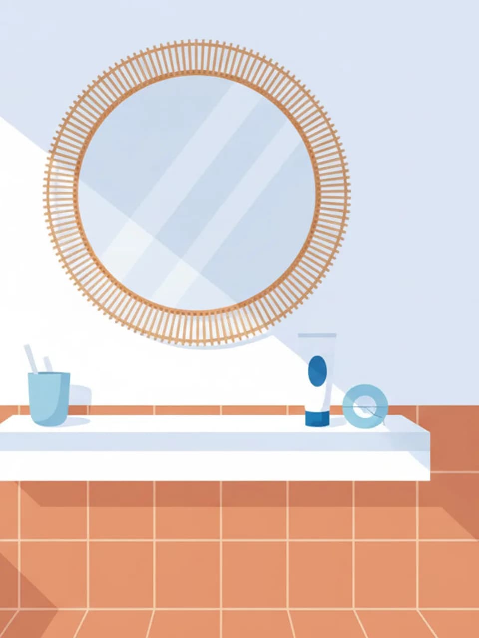 Bagno luminoso con accessori per igiene dentale su mensola in stile mediterraneo