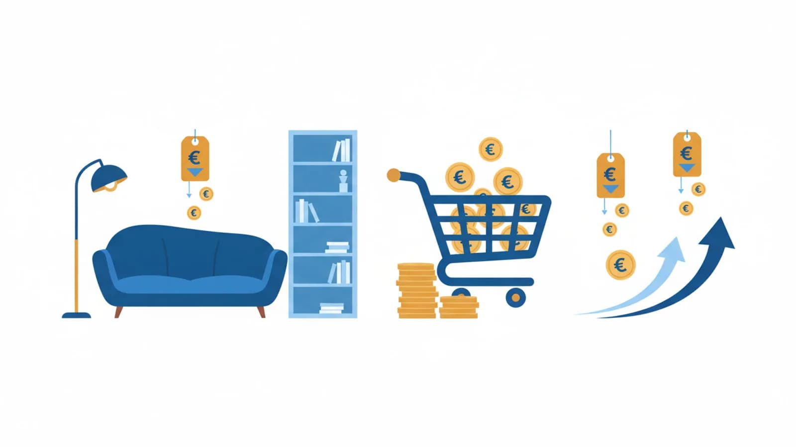 Mobili stilizzati con cartellini di prezzo in calo e frecce di sconto attorno a un carrello online