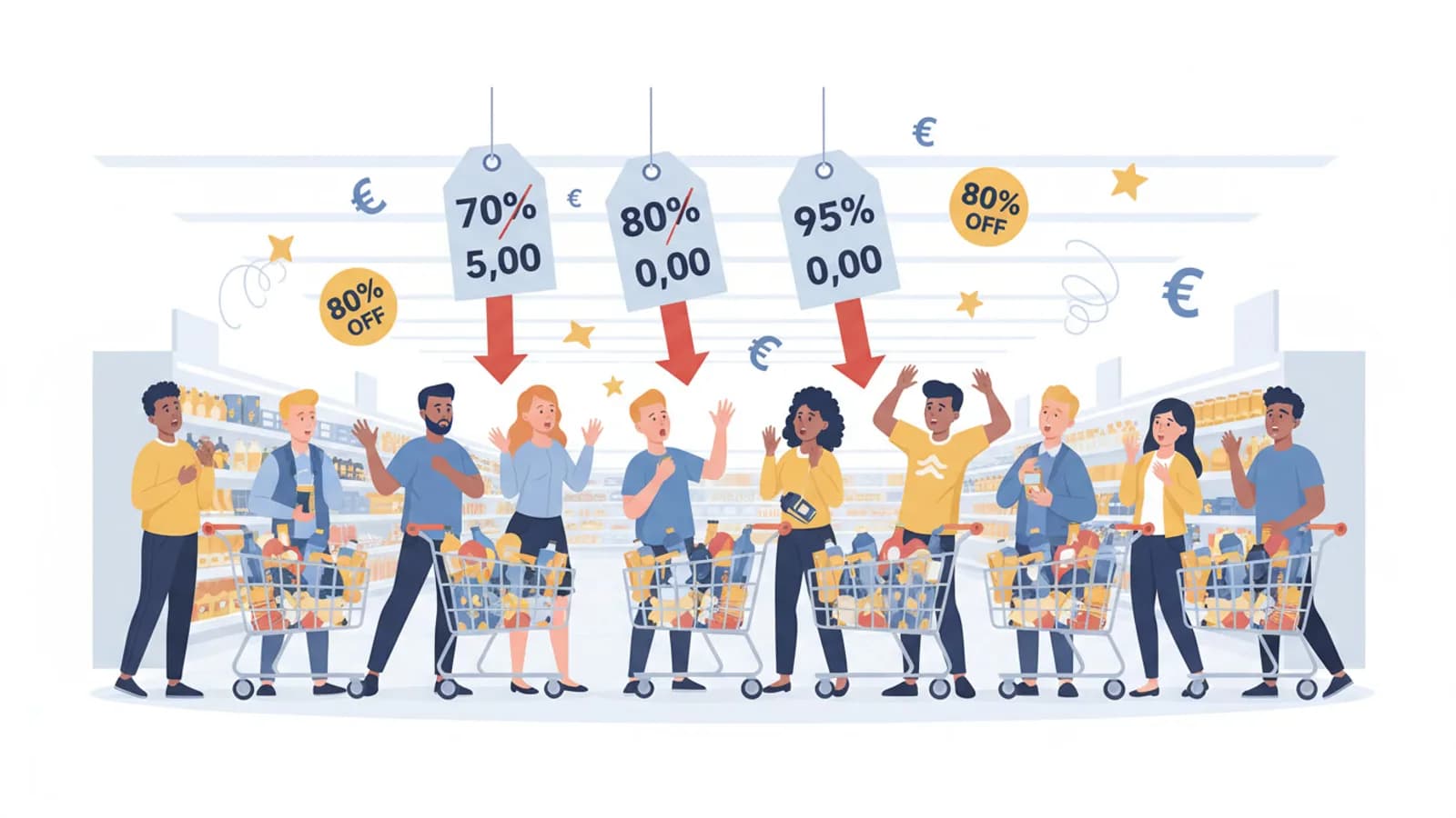 Illustrazione con acquirenti sorpresi che guardano cartellini prezzo con cifre barrate