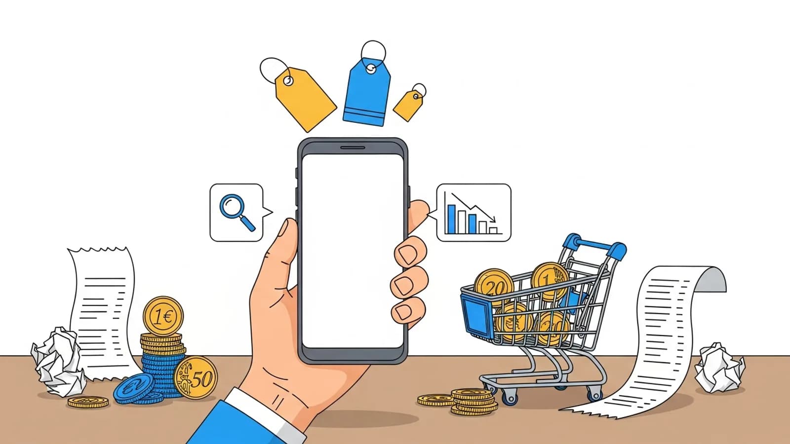 Illustrazione di uno smartphone che confronta prezzi di prodotti tra diversi negozi online