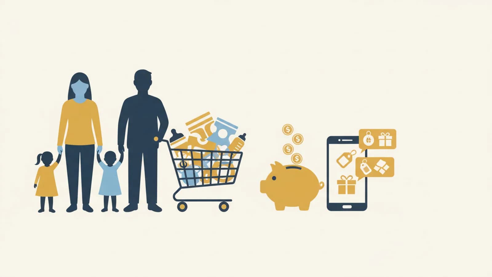 Illustrazione di una famiglia che risparmia con il deal hunting su smartphone