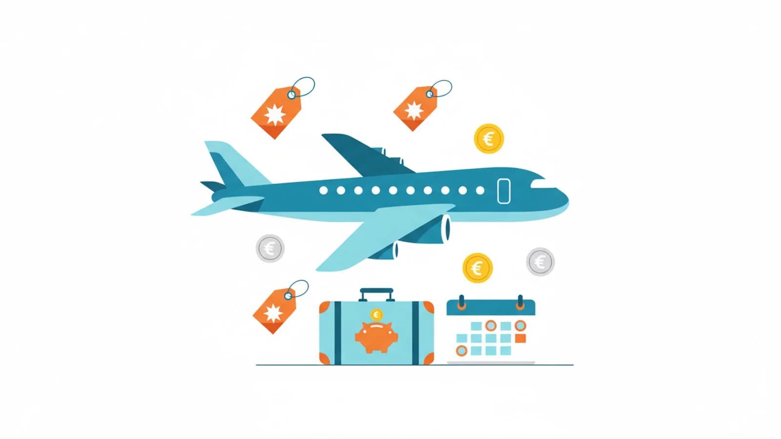 Aereo stilizzato in volo con monete euro e cartellini sconto per rappresentare il risparmio sui viaggi