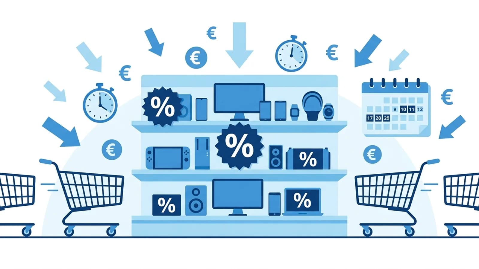 Negozio di elettronica italiano con cartelli sottocosto e clienti