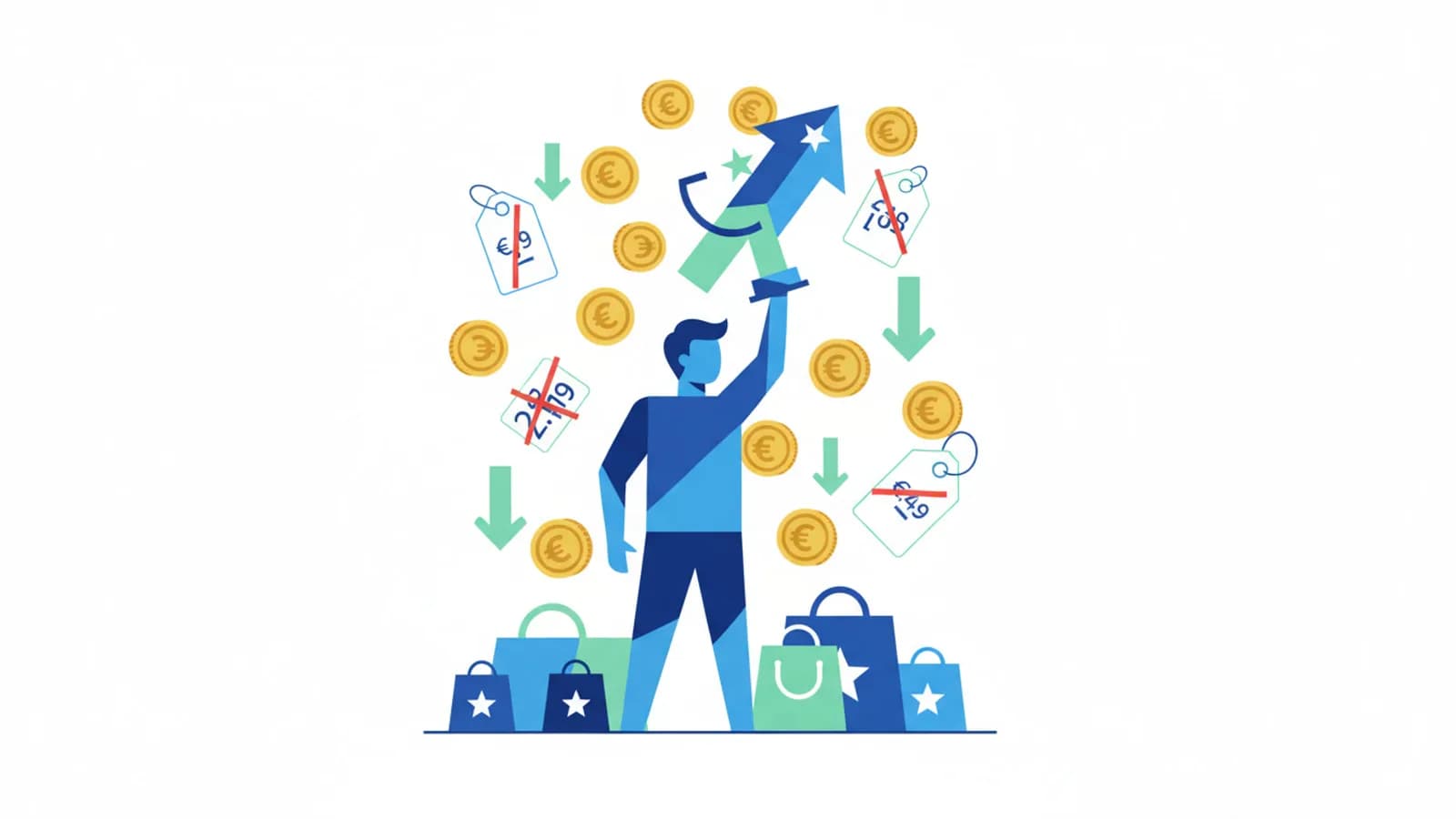 Trofeo stilizzato con monete euro e cartellini di prezzo sbarrati per risparmi record