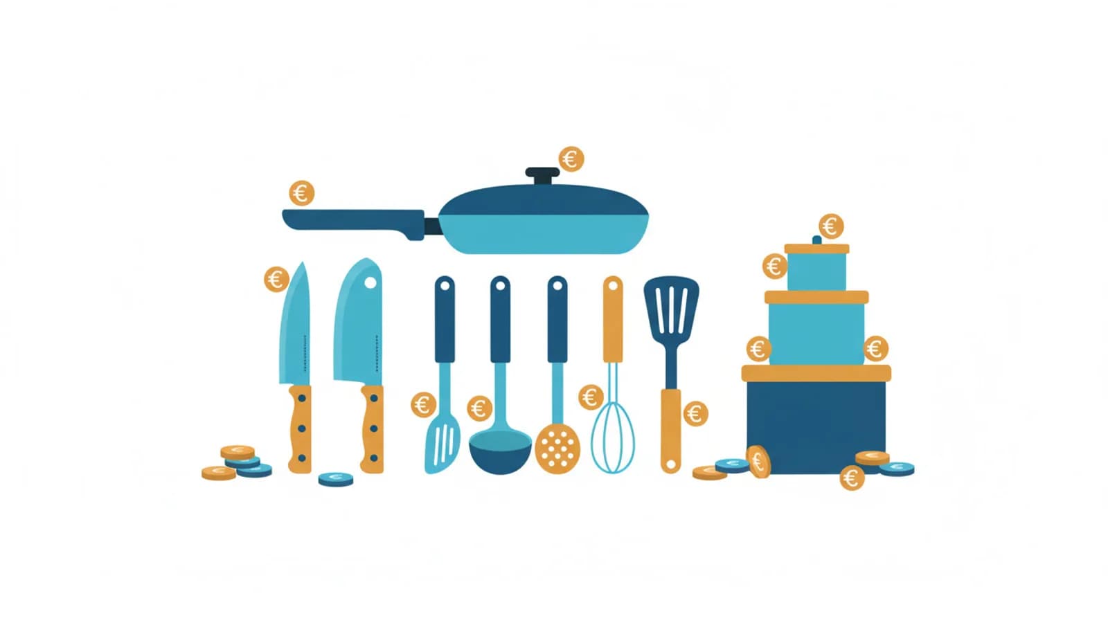 Utensili da cucina stilizzati con prezzi scontati e monete euro per kit cucina economico