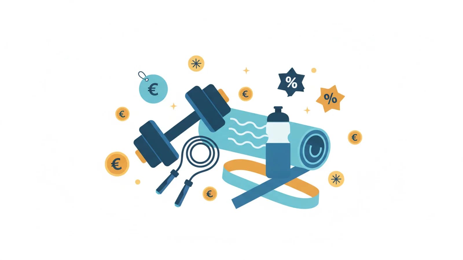 Attrezzatura fitness stilizzata con manubri, tappetino e scarpe da corsa in offerta