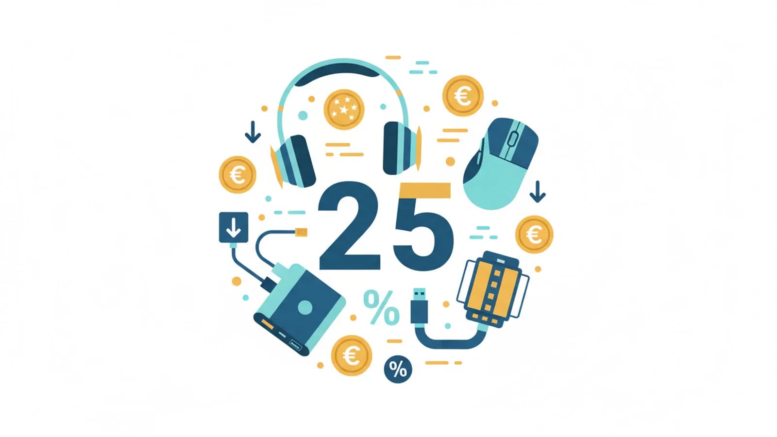 Gadget tech stilizzati con cartellini sotto 25 euro e monete per offerte tecnologia