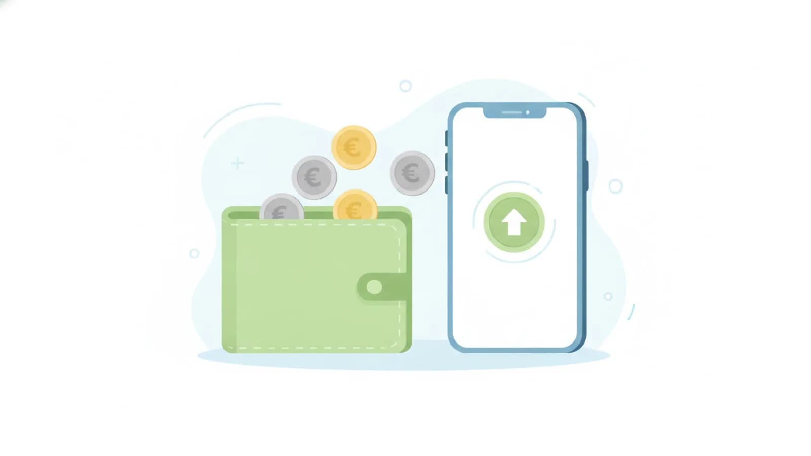 Illustrazione piatta di un portafoglio con monete in euro e uno smartphone con una notifica di cashback