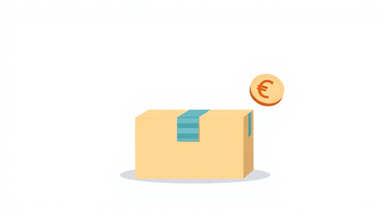 Illustrazione piatta di un pacco Amazon con etichetta di spedizione e simbolo dell'euro