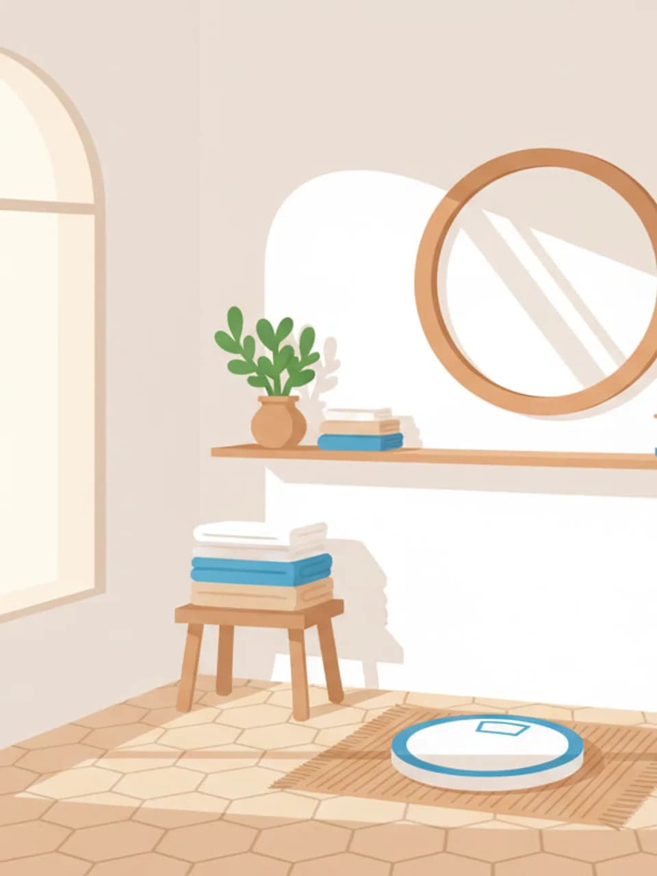 Bilancia digitale su pavimento di bagno luminoso con smartphone che mostra dati fitness